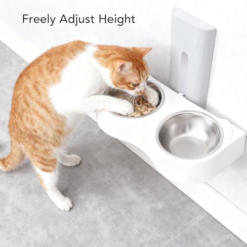Wall Mounted Dog Bowls, Raised Cat Double Stainless Steel Bowl, Elevated Food and Water Bowls Kitten Feeding Dish Pet Feeder Station for Small Pets (Grey White)