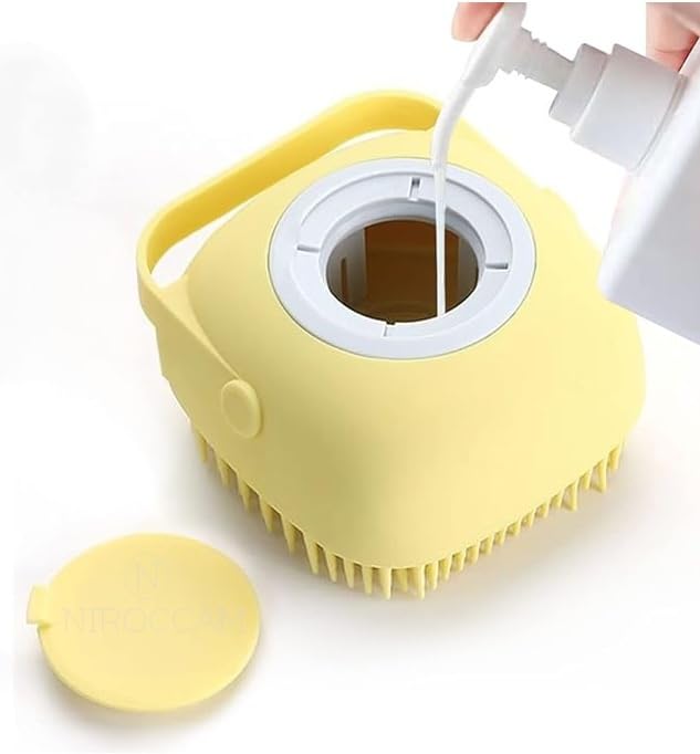 Dog Bath Brush with Shampoo Dispenser – Silicone Pet Grooming Scrubber for Dogs & Cats, Deep Clean + Massage, Easy-Grip Rubber Handle – Pet Shower Tool for Long & Short Hair