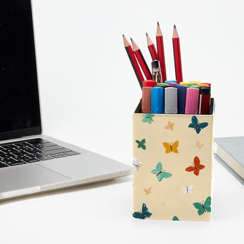 Butterfly Pen Holder for Desk Decor, Rectangular PVC Leather Pencil Cup for Desk Pen Organizer, Makeup Brush Holder for School, Home, Office