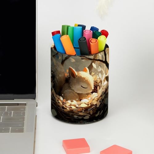 Faux Leather Pen Holder for Desk, Pencil Organizer Squirrel Pen Cup Desk Decor Makeup Brush Holder Storage for Office Home
