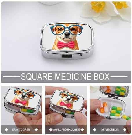 Pet Dog Soft Bow Tie, Oversized Glasses Pill Case Portable Pill Organizer with 2 Compartment Moisture Proof Metal Travel Pill Box Medication, Fish Oil and Supplements