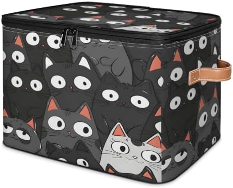 Black Cat Print Storage Box with Zipper Lid | Collapsible, Fabric, Storage Bin, Handle, Large, Closet Organizer, Containers, Bedroom, Home, Cat Faces