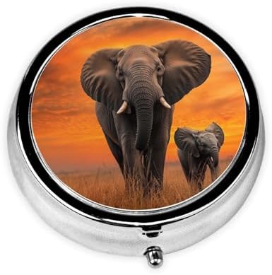 Pill Box 3 Compartment Medicine Pill Case for Pocket or Purse Mini Metal Pillcase Cute Wild Elephant Pill Holder Vitamin Organizer Portable Travel Pills Container to Hold Supplements Vitamins