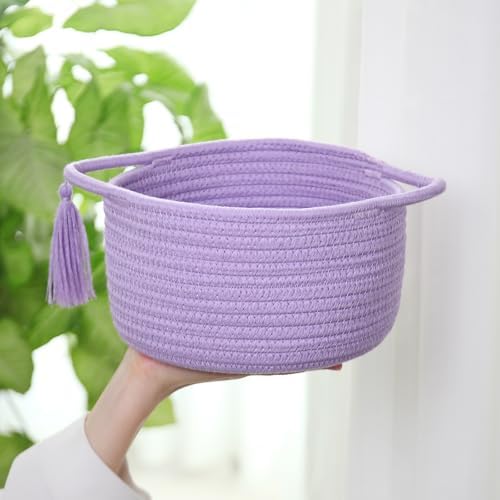 Small Gift Basket Empty to Fill with Gifts Bag & Ribbon, Purple | Cute Decorative Mini Woven Rope Basket with Handles for Gifting; Reusable for Bathroom Counter or Desk Catchall, 8 x 4.7 in