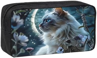 White Cat Large Pencil Case, Durable Pen Bag Zipper Organizer Pouch for Office Travel for Women Men