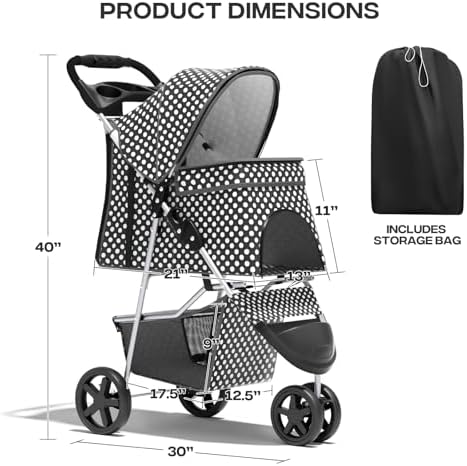 Foldable 3-Wheel Pet Stroller for Dogs & Cats, Black Polka Dots | Storage Basket & Cup Holder, Breathable Mesh Cover, Lightweight and Durable, for Small to Medium Pets, up to 33 lbs
