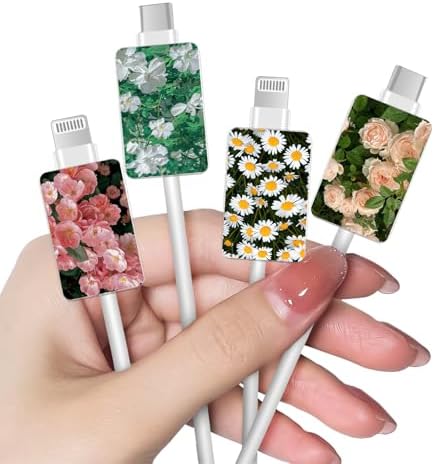 Flowers 4 PCS Cable Protector for iPhone Type-c Charger, Little Daisy/Pink Rose/Rosebuds Pattern Women Girls Phone Cable Case, Data Cable Saver,Charging Cord Protector for iPhone