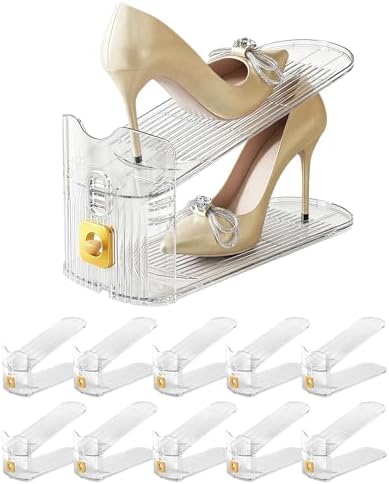 FUSHITON Shoe Organizer for Closet, Stackable Shoe Rack with 3 Adjustable Heights, Double Layer Space Saving Clear Holder for Small Apartment and Dorm Room, 10 Pack