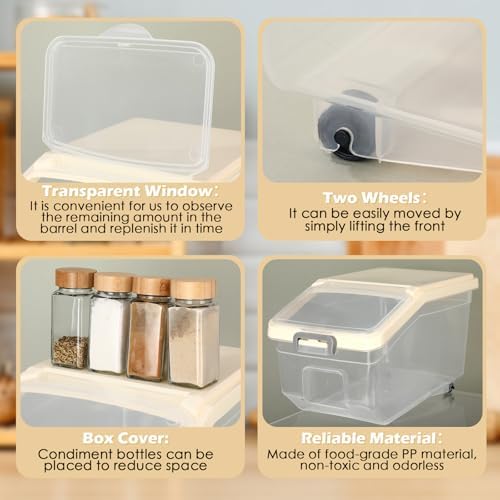 Sunnyray 4 Pcs Rice Storage Containers Bulk Flour Sugar Container Wheels Measuring Cups Set Airtight Pet Dog Cat Birds Food Bin Grain Cereal Organizer Box for Dry Baking(Beige,22 lb)