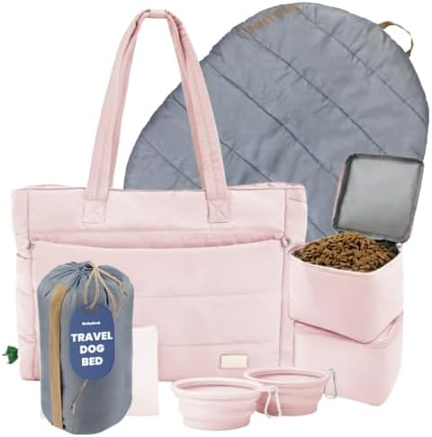 Rubyloo Dog Mom Bundle - Puffer Tote with Storage Containers (Pink) and Foldable Travel Bed (Foggy Trail Grey) - Travel Bag and Cozy Mat Set