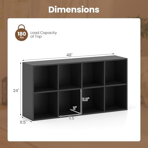 Giantex 8-Cube Bookcase, 3-Tier Cubby Bookshelf, Horizontal Vertical Display Rack with Anti-Tipping Kits, Modern Storage Organizer Shelf Unit for Bedroom, Living Room, Study (Black, 8-Cube)