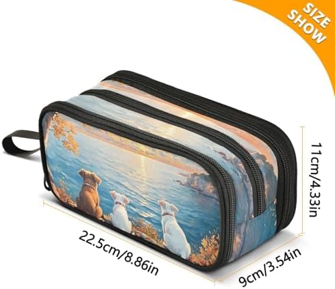 Pet Dogs Sunset Painting Pencil Case Large Capacity Pen Bag School Office Stationery Organizer Zipper Pencil Pouch for Teen Girls Boys Adult