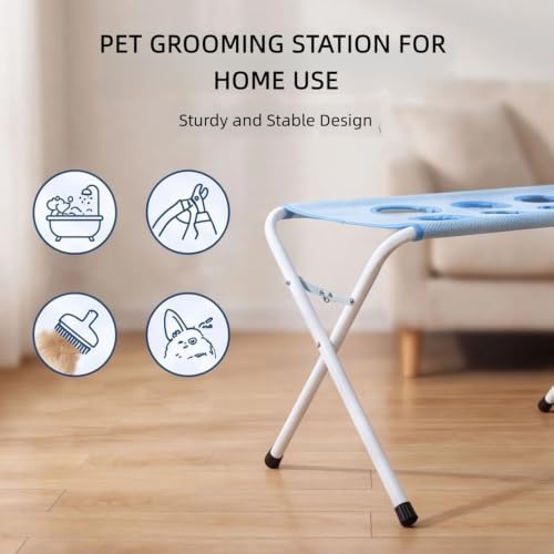 Foldable Pet Bathing Stand, Portable Grooming Rack 10kg | Triangular Steel Frame, Breathable Mesh Net, 8 Hole Restraint, Space Saving Folding Design