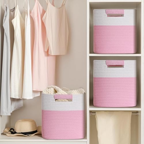 13 Inch Storage Cubes, 3 Pack Cube Storage Bins for Organizing, Cotton Rope Woven Baskets for Shelves, Bathroom, Kids Room, Closets, Baby Nursery