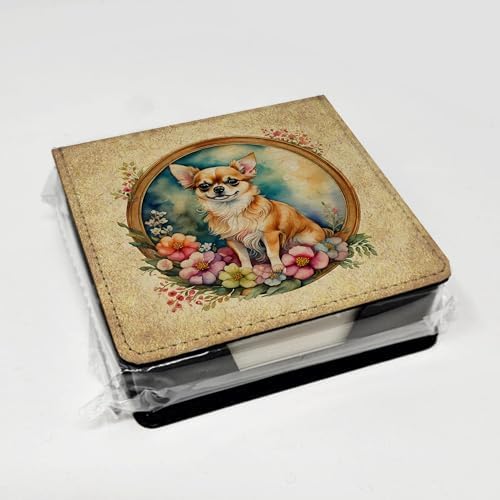 Caroline's Treasures Chihuahua and Flowers PU Leather Note Paper Holder with Artist-Designed Cover, Desk Accessory, Office Gift