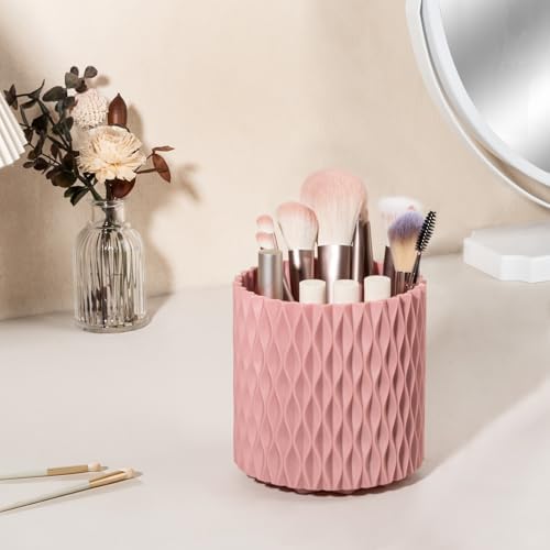 360 Rotating Makeup Brush Holder Make Up Brushes Organizer, Ripple Pink