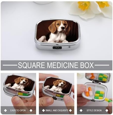Metal Pill Box with Mirror - 2 Compartment Travel Pill Case for Purse Portable Pillbox Compact Vitamin Container Ovely Pet Dog Beagle Medicine Organizer for Fish Oil & Supplement