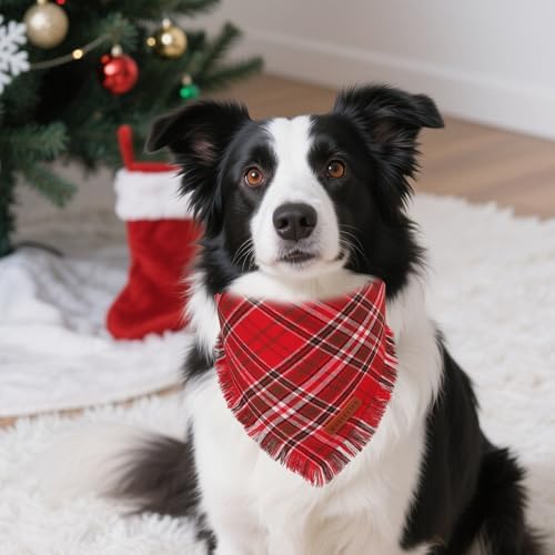 ADOGGYGO Christmas Dog Bandanas with Tassels Edges, Stylish Red Plaid Xmas Scarf, Multiple Sizes, Christmas Bandanas for Medium Large Dogs (Large)