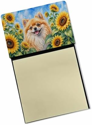 Caroline's Treasures Pomeranian in Sunflowers Watercolor Sticky Note Holder Refillable Dispenser Desk Accessory 3x3 Pad Gift