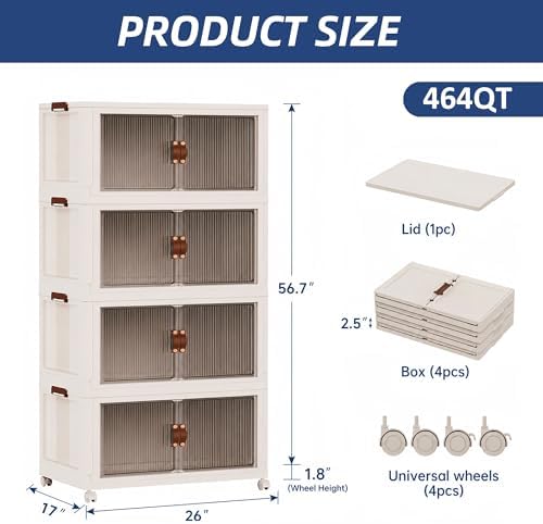 SAILUN 464Qt Stackable Storage Bins,Storage Cabinet a Lid,4Pack Blush White