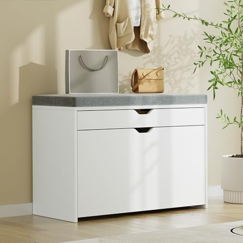 VOWNER Shoe Storage Bench with 3-Tier Flip Drawer, Shoe Rack Bench with Adjustable Shelves & Hidden Storage Space, Shoe Organizer for Entryway, Hallway, Living Room, White