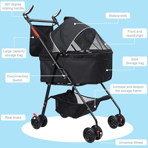 Foldable Pet Stroller with Light Barrier, 3 Wheels Dog Cat Pet Stroller for Small/Medium Dogs Cats, Foldable Portable Compact Jogge Strollers with Storage Basket, Removable Light Grey
