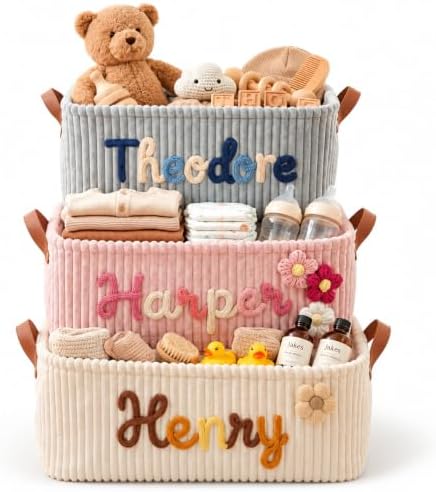KALOTOYS Personalized Baby Basket with Custom Name, Knitted Corduroy Nursery Storage Basket, Monogrammed Diaper Caddy Organizer with Crochet Icons, Baby Shower Newborn Baptism Gift for Baby Boy Girl