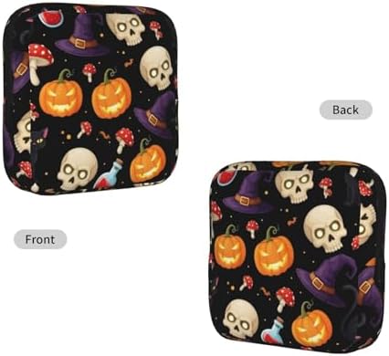 Portable Sanitary Napkin Pouch Halloween Gothic Witch Black Cat Bat Pumpkin Skull Mushroom, Cute Polyester Feminine Care Bag with Zipper, Ideal Gifts for Ladies Outdoor Travel