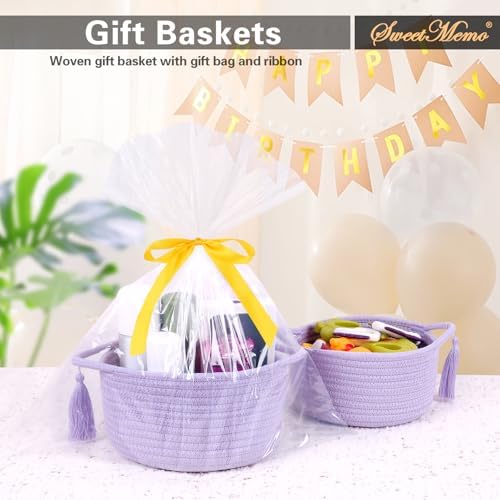 Small Gift Basket Empty to Fill, 2 Pack, Mini Woven Basket Purple | Cute Decorative Mini Rope Storage Baskets with Cellophane Bags & Ribbons; Two Sizes for Gifting, Bathroom Counter or Desk