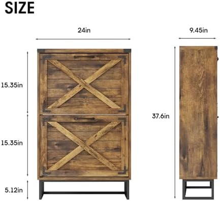 Maupvit 24" W Farmhouse Shoe Cabinet Storage for Entryway, Freestanding Organizer with 2 Flip Drawers, Narrow Shoe Rack Cabinet with Metal Corner Decoration, Rustic Brown