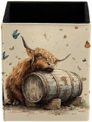 Highland Cow Pen Holder for Desk Decor, Rectangular PVC Leather Pencil Cup for Desk Pen Organizer, Makeup Brush Holder for School, Home, Office