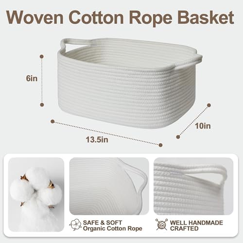 Cute White Woven Basket, Empty Gift Basket for Christmas, Thanksgiving, Easter, Birthday, Cotton Rope Storage Bin with Handle for Gifts, Toy, Blanket, Cat Dog Toy Box, Baby Nursery Organizer