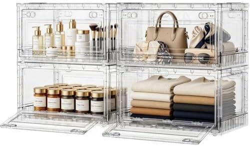 BROVIEW 320Qt Stackable Storage Bins with Lids Wheels, XL Clear Plastic Drawers Foldable Closet Organizers and Storage Cabinet Display Box Shelves with Front & Back Doors, for Home Office Garage,4Pack