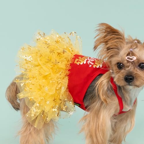 Fitwarm Sleigh Girl Sleigh Dog Tutu Dress, Fancy Christmas Clothes for Small Dogs Girl, Funny Holiday Pet Outfit, Red, Golden Yellow, Medium