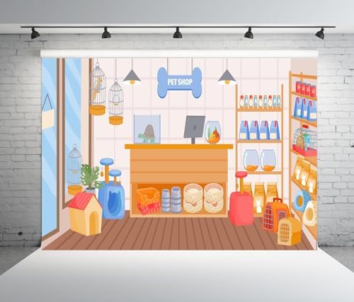BELECO 8x6ft Fabric Cartoon Pet Shop Backdrop Pet Store with Doghouse Birds Cage Fish Tank Animals Food Photography Background Pet Party Decorations Kids Children Portrait Photoshoot Studio Props