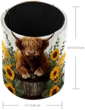 Faux Leather Pen Holder for Desk, Pencil Organizer Highland Cow Pen Cup Desk Decor Makeup Brush Holder Storage for Office Home