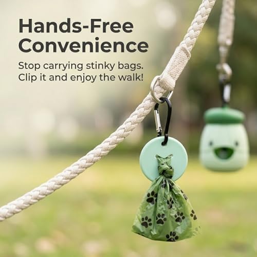 Dog Poop Bag Holder with Hands-Free Used Bag Clip & 1 Roll Bags | Cute silicone design with leash attachment and hands-free clip, making dog walking cleaner and more convenient outdoors