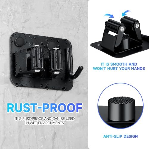 JAMEND CLXP 2-Pack Broom Holder with Heavy Duty Hooks, Upgraded Stainless Steel Mop Hanger. Wall Mount Utility Tool Rack for Kitchen Garden Laundry Garage. Matte Black.
