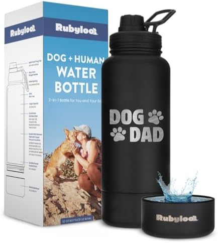 Rubyloo Original Doggy Bag (Grey) & 32 oz Insulated Water Bottle with Attached 8 oz Bowl (Dog Dad) – Dog Travel Bag & Hydration Set