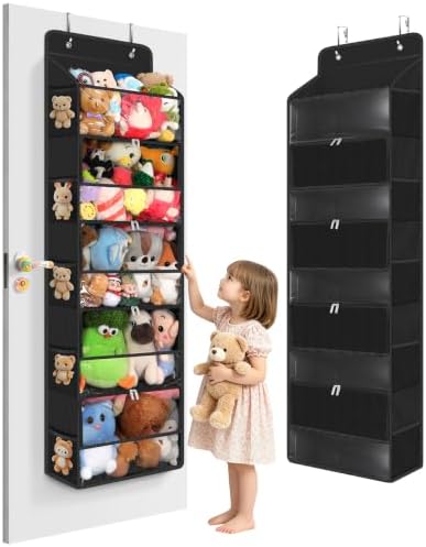 Univivi Over Door Stuffed Animal Storage,5-Tier Toy Organizer,Black | Breathable Mesh,Dustproof Zipper Pockets,Clear PVC Window,Heavy Duty,for Playroom & Bedroom
