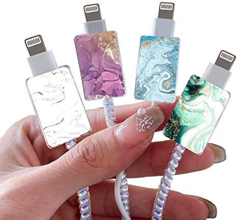 Marble Cable Protector for iPhone Type-c Charger,Sparkle Bling Marble Liquid Pattern 4 PCS Set Cable Protector for Women Girls Kids,Cable Chomper,Phone Charger Saver-Blue/White/Green/Purple