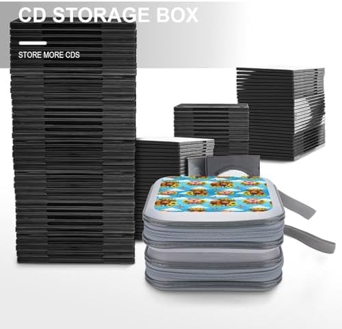 Hard Plastic 40-Disc Storage Binder Sunflower Butterflies Highland Cow Pig, Protective CD/DVD Wallet with Zipper, Portable Organizer for Movies Music