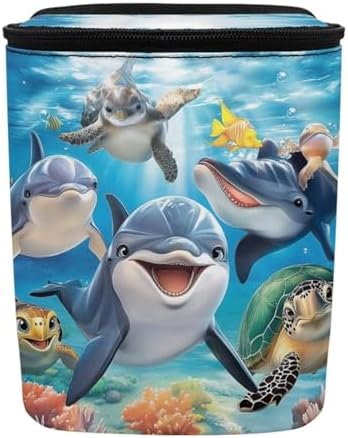DISNIMO Ocean Turtle Dolphin Car Trash Can with Lid, Leak Proof Trash Bin Garbage Bag Collapsible Automatic Portable Trash Can, Easy to Clean, Used in Car Home Office