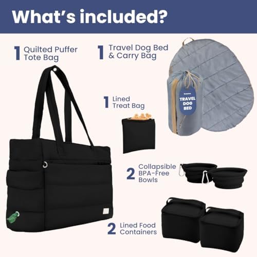 Rubyloo Dog Mom Bundle - Puffer Tote with Storage Containers (Black) and Foldable Travel Bed (Foggy Trail Grey) - Travel Bag and Cozy Mat Set