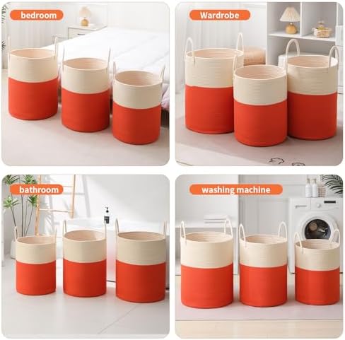 Woven Laundry Hamper Tall Rope Storage Basket for Blanket oys Dirty Clothes in Living Room Bathroom Bedroom (White&Orange, 60L/15.8Gal)