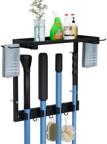 Wall Mount Broom Mop Holder | Cleaning Organizer, Storage Shelf