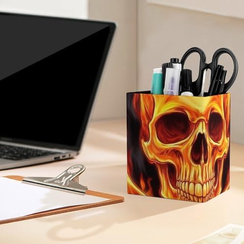 Cute Desktop Stationery Organizer Makeup Brush Cup Fire Flaming Skull Crossbones Leather Pen Holder