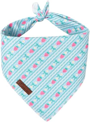 Summer Dog Bandana, UP URARA PUP Strawberry and Bowknot Triangle Bid Scarf for Medium Large Dogs, Cotton Kerchief for Girl Boy Puppies, Cute Spring FloralBandana,L