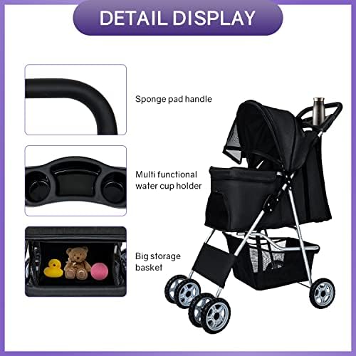 BestPet | 4-Wheel Foldable Pet Stroller | Black | Lightweight & Portable | Travel Carrier with Mesh Windows, Storage Basket, Cup Holder, Safety Brakes, and Waterproof Fabric | For Small Dogs and Cats