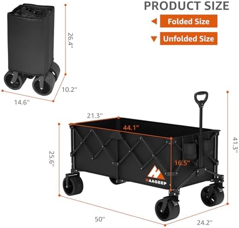 Collapsible Wagon Cart with Wheels Foldable - Folding Utility Heavy Duty Wagons Carts for Grocery Sports Garden Shopping Camping Wheelbarrows (Black,300L)